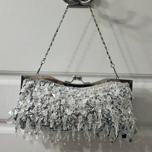 NEW Harve Bernard Beaded/Crystal Silver Handbag, 6”Strap and Silver Frame, NWT